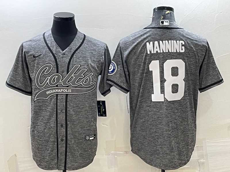 Mens Indianapolis Colts #18 Peyton Manning Grey Gridiron With Patch Cool Base Stitched Baseball Jersey